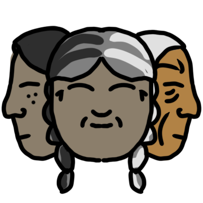 three faces, all women with plaited hair. the first faces the left and has a few freckles and black hair, the second faces the front and has some wrinkles, black, grey, and white hair. the third faces the right, and has many wrinkles and white hair. the one on the right has saturated bronze skin. the other two have desaturated bronze skin.